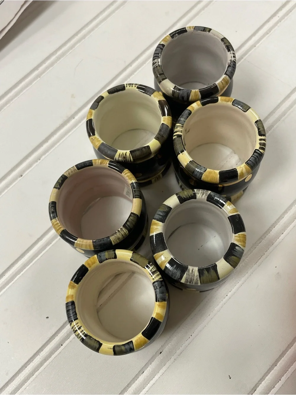 Set of 6 MacKenzie-Childs Courtly Stripe Ceramic Napkin Rings Gold Dot